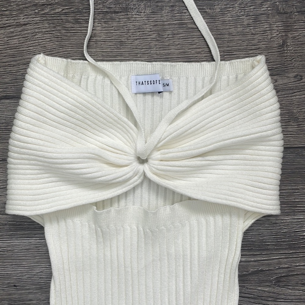 Thatssofetch | Lian White Ribbed Bodycon Halter Midi Dress Medium Small - Picture 2 of 7